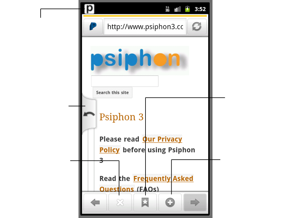 Image showing the different parts of the Psiphon Android web browser