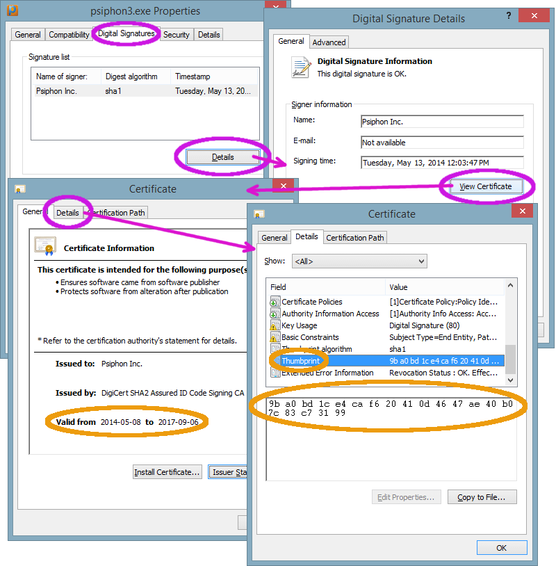 Les différentes boîtes de dialogues à suivre pour trouver l’empreinte numérique du certificat de Psiphon pour Windows