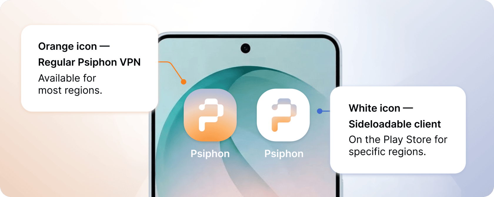 Два значкі праграмы Psiphon для Android побач: белы значок — гэта кліент для прамой устаноўкі, які таксама даступны ў Play Store для пэўных рэгіёнаў; каляровы значок — гэта звычайны Psiphon VPN з падтрымкай падпіскі.
